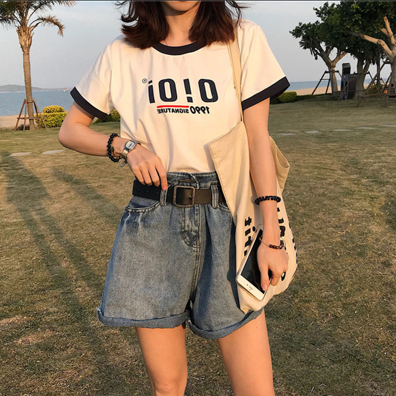 Letter-colored short-sleeved T-shirt for women, 2025 summer Korean version, new loose student upper garment, women's clothing, one-piece consignment