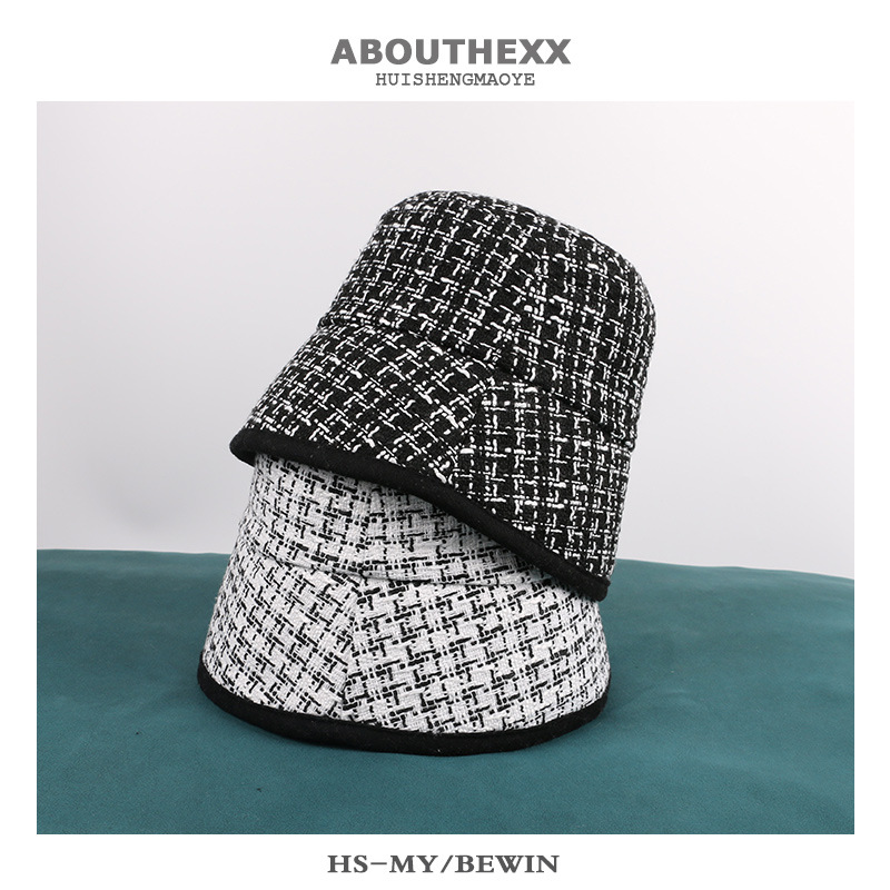 Little Chanel wind hat, children's autumn and winter black and white checkered bucket hat, Korean style versatile fisherman hat, Japanese style casual knitted basin hat Specification image