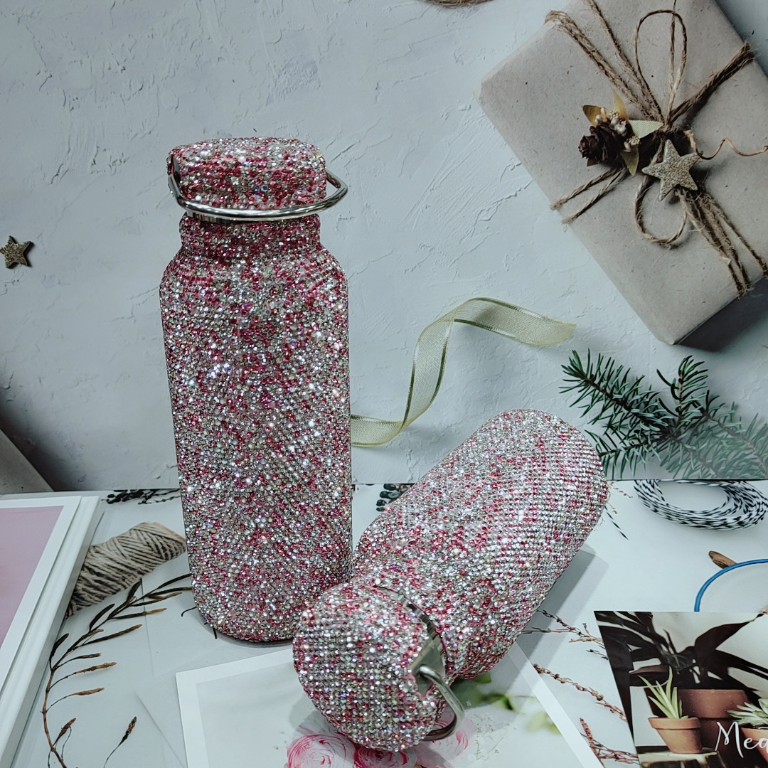 New diamond-encrusted stainless steel water bottle from Europe and America, American-style double-layer vacuum large-diameter insulated cup, outdoor sports, cross-border Specification image