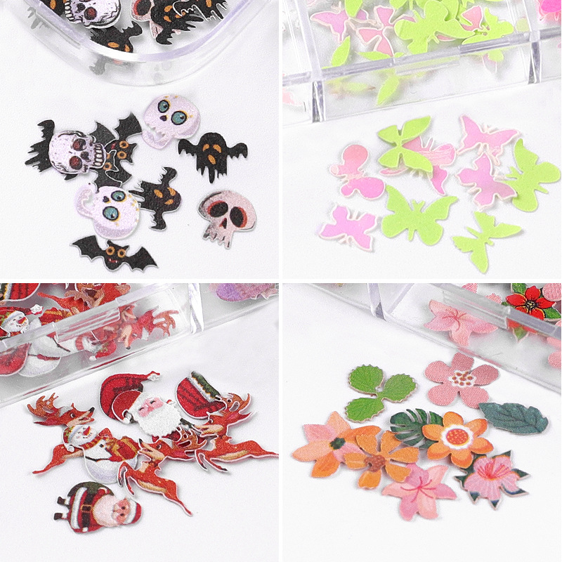 Nail polish wood pulp pieces Christmas colorful flower butterfly set Halloween nail accessories 12-compartment mixed set cross-border shanilak Application Scenario