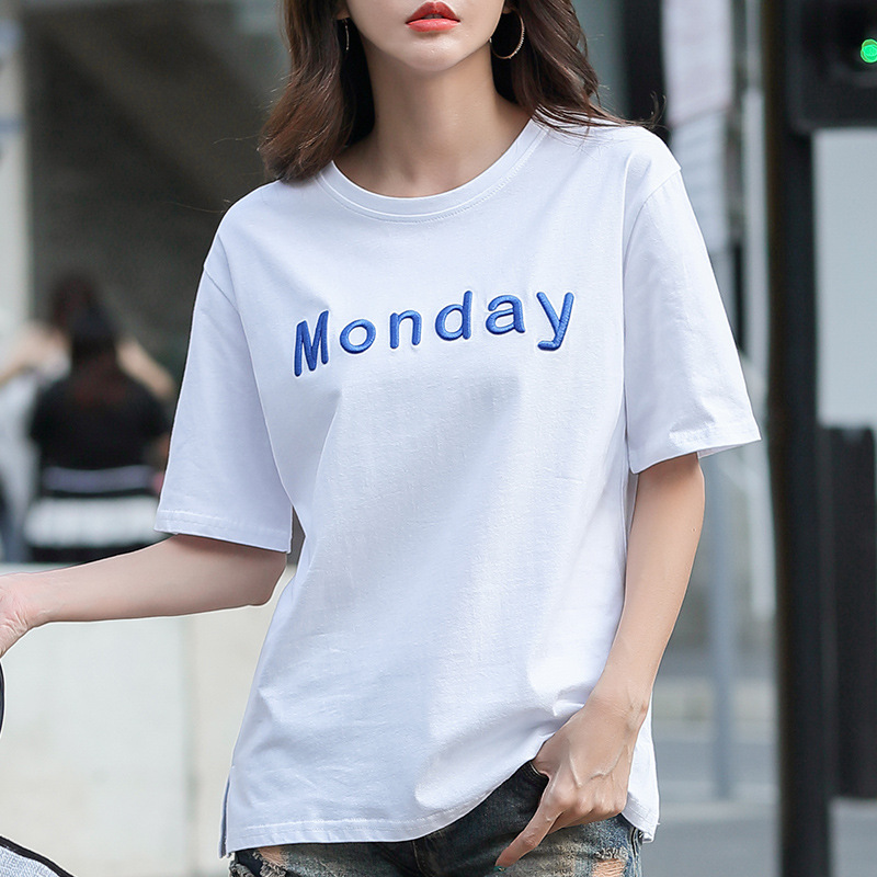 2022 Summer round-neck loose embroidered short-sleeved T-shirt for women, Pinduoduo cross-border supply, one-piece consignment