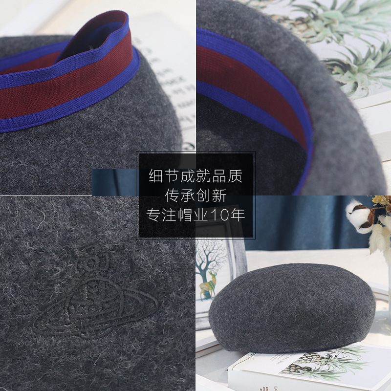 Classic Saturn Embroidery solid color everything retro warm pure wool beret lady Specification drawing
