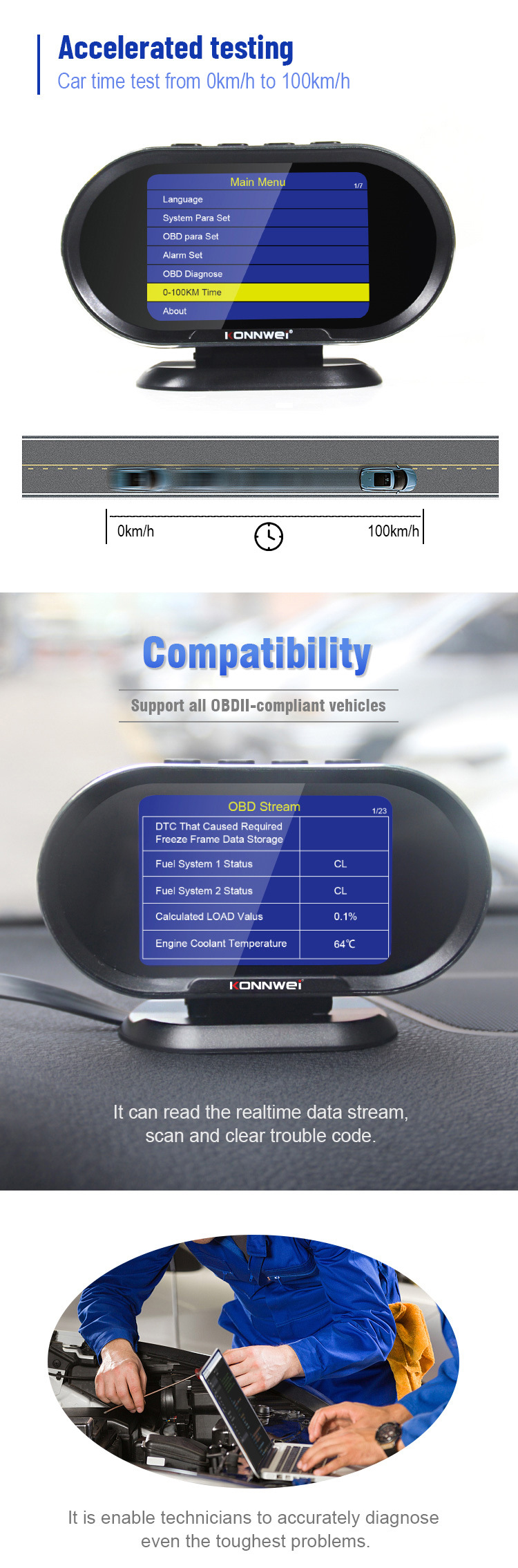 汽车改 装抬头显示器KONNWEI新款KW206汽车故障扫描仪+抬头显示器详情3