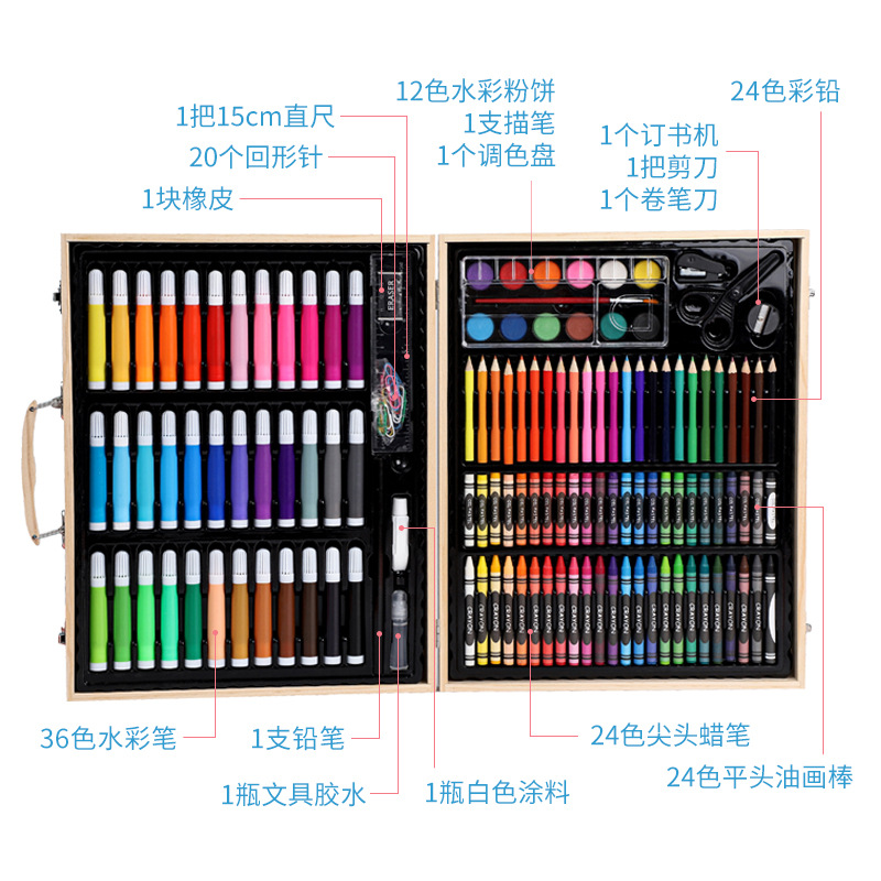 厂家直销150色水彩笔套装 儿童画笔绘画工具套装木质画笔礼盒详情图3