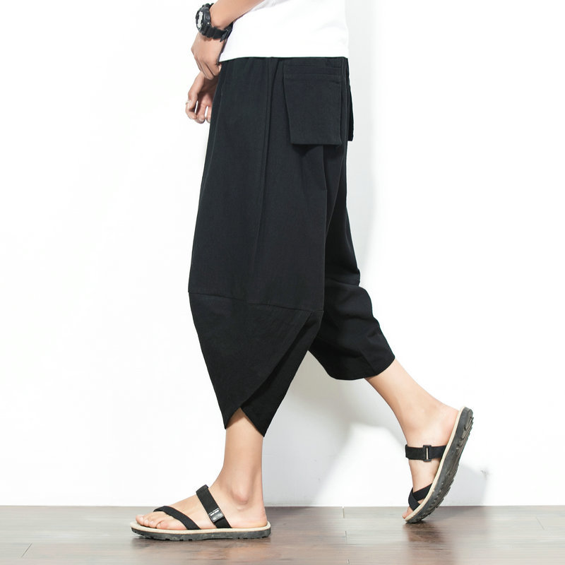 Chinese-style men's lantern pants, personalized cotton and linen seven-inch pants, men's summer wide-leg pants, loose and large-sized beach pants, trendy details Picture