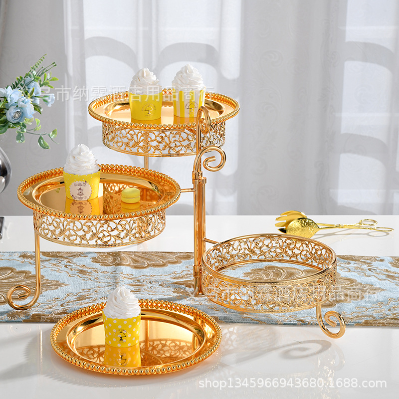 European Luxury Three Layers Can Rotate Silver Plated Ktv Fruit Plate Dessert Plate Cake Rack Birthday Wedding Bar Fruit Plate details Picture
