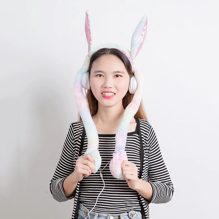 新款可爱卡通兔耳朵气囊耳机网红创意耳朵会动毛绒发光头戴式耳麦