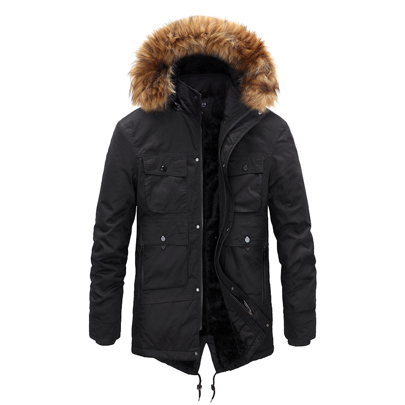 New winter coats for men on Amazon for foreign trade, mid-length cotton-padded jackets with fleece, thickened cotton-padded jackets with fur collars for warm men's wear details Picture