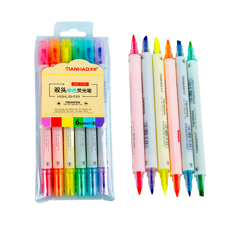 1724 Double-headed colored highlighters for students, DIY notebook pen, 1PVC bag, 6 colors, 6 slanted and round-headed markers Item Picture