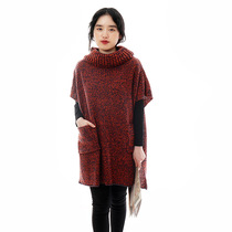 Turtleneck pocket pullover cape cotton blouse high-end pullover sweater fall/winter turtleneck loose cape