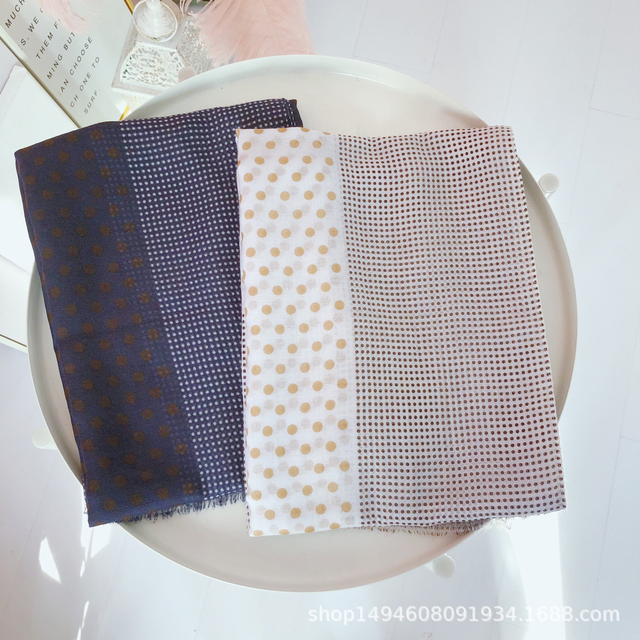 Women's Long Scarf New Spring And Autumn National Style Shawl Splicing Scarf Two-Color Polka Dot Beach Scarf Item Picture