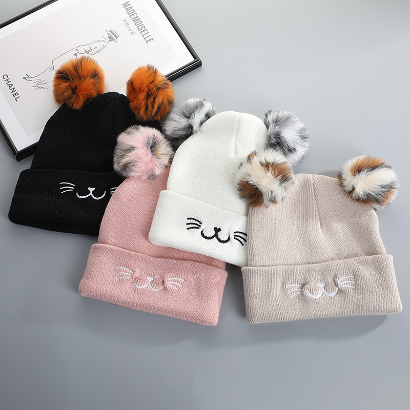 New fashion hair ball ear knit hat cute cartoon cat adult hat outdoor windproof warm casual hat thumbnail