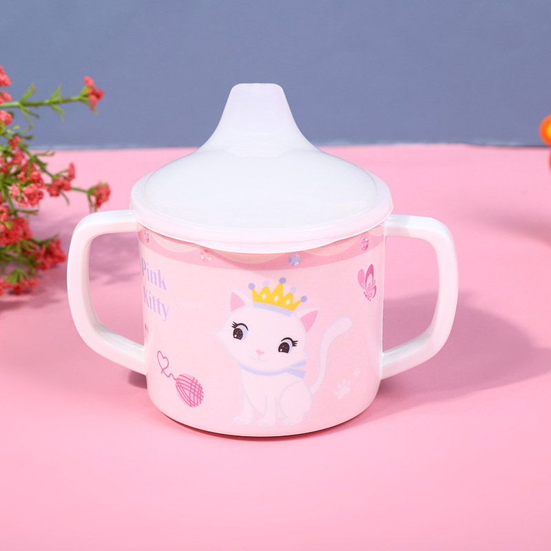 Manufacturers Directly Supply Baby Cute Cartoon Pattern A5 Pure Melamine Baby Suction Cup Double Handle Water Cup Specification drawing