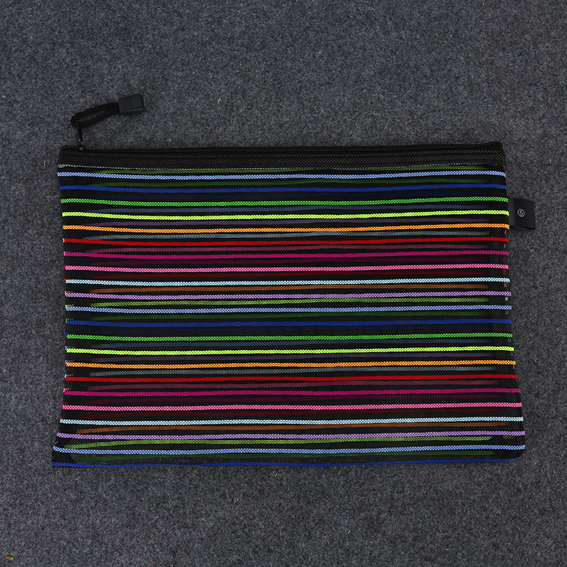 Factory direct sales of colorful striped file bags, nylon mesh zipper bags, document bags, student pen and receipt bags details Picture