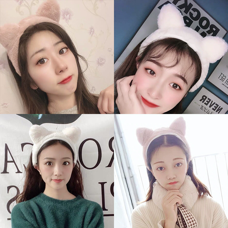 Korean Plush Cat Ears Funny Face Wash Hair Band Cute Head Set Wide Edge Makeup Pack Mask Hair Clip Hair Headband details Picture