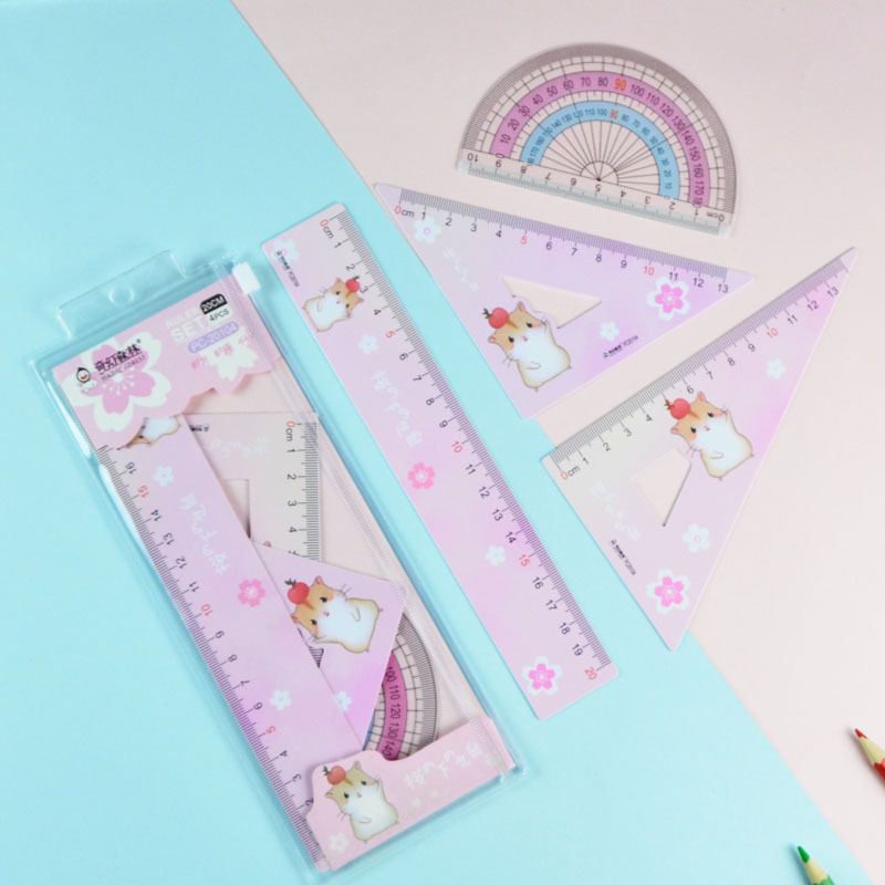 Strength manufacturers wholesale new 20CM student plastic PVC set ruler color ruler set of four pieces Specification drawing