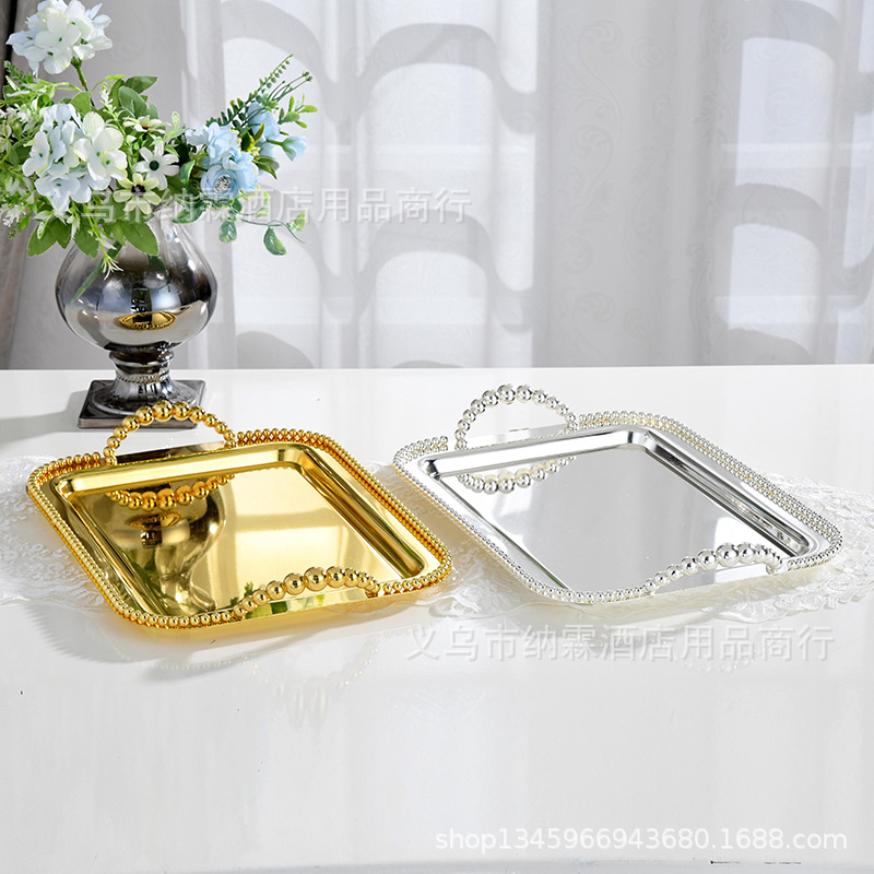 European Metal Plated Silver Bead Point Square Tray Fruit Tray Cake Tray Baking Party Ktv Wedding Supplies details Picture