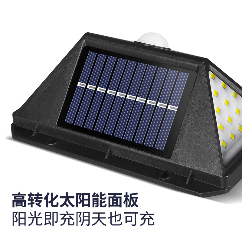 Lingpai 100LED solar wall Lamp, four-sided illuminated solar lamp for courtyard, human body sensing waterproof staircase lamp Item Picture