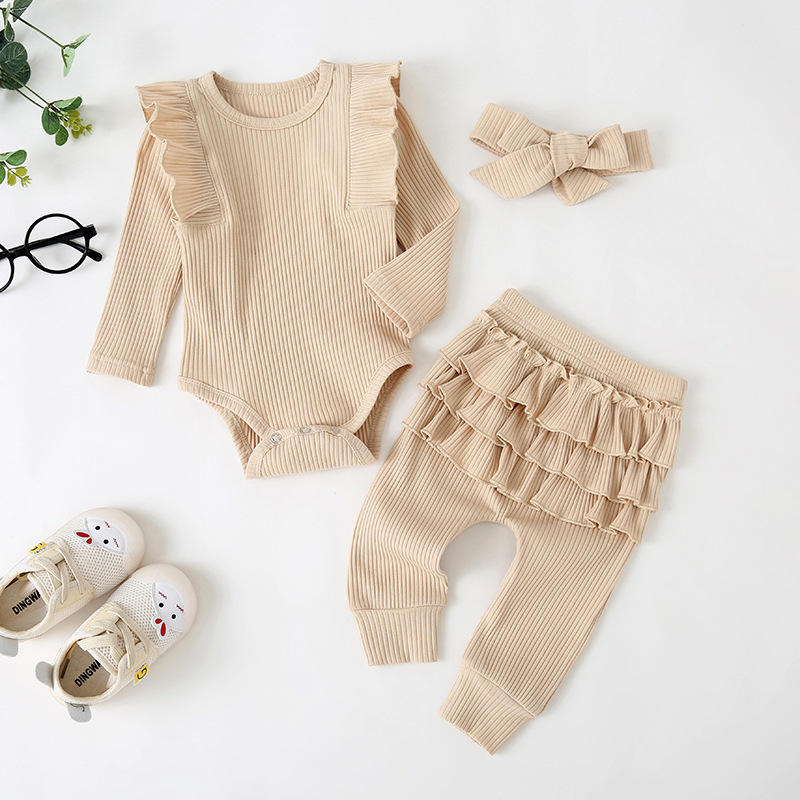 Wholesale of three-piece casual pink long-sleeved lace sleeved dress for girls in autumn 2022 with bow headwear Specification image