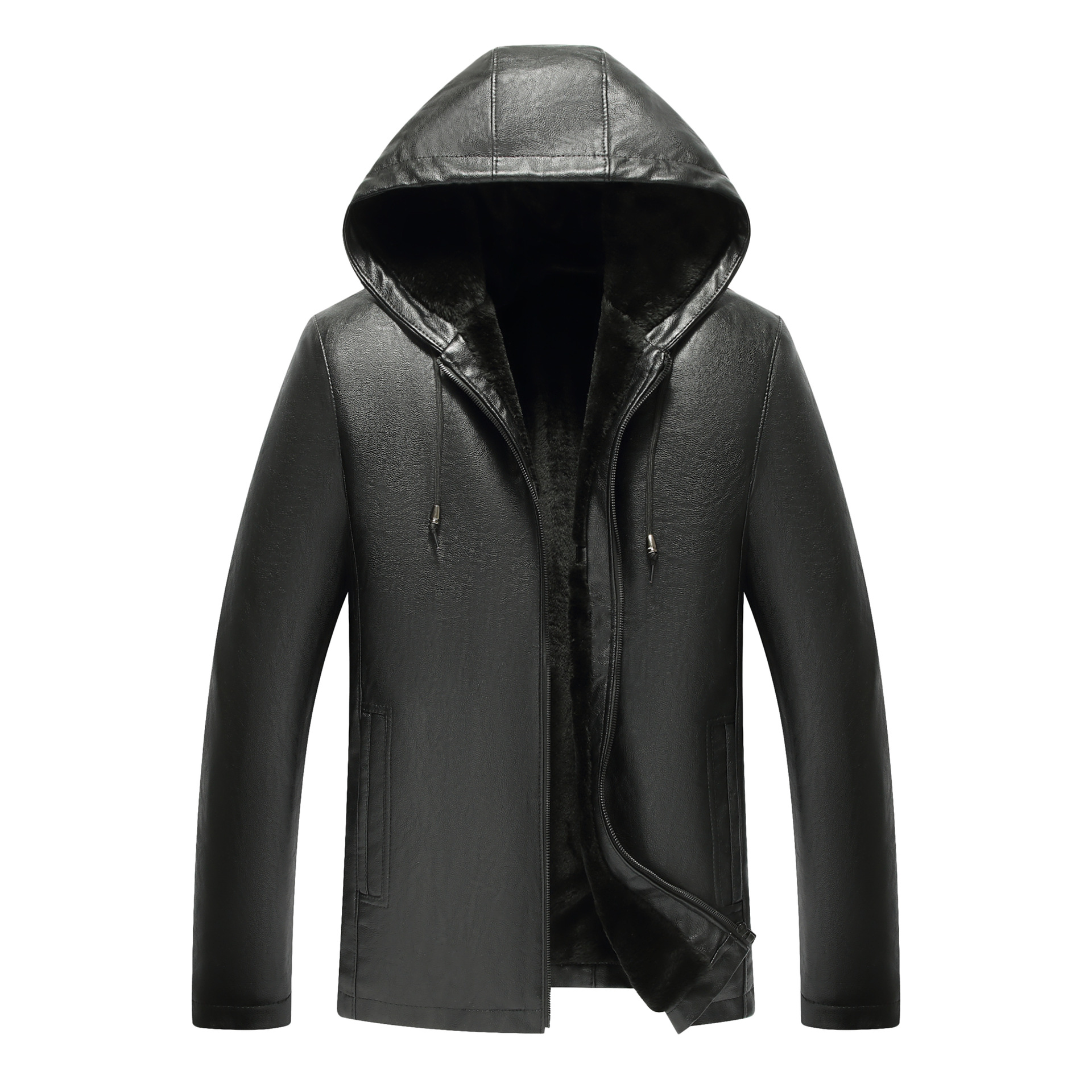 A new winter all-in-one PU leather jacket for middle-aged and elderly fathers, featuring a hooded jacket for middle-aged men with fleece leather Item Picture
