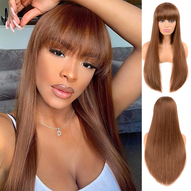 Wholesale of European and American cross-border wigs with straight bangs and long, straight hair made of high-temperature synthetic fiber