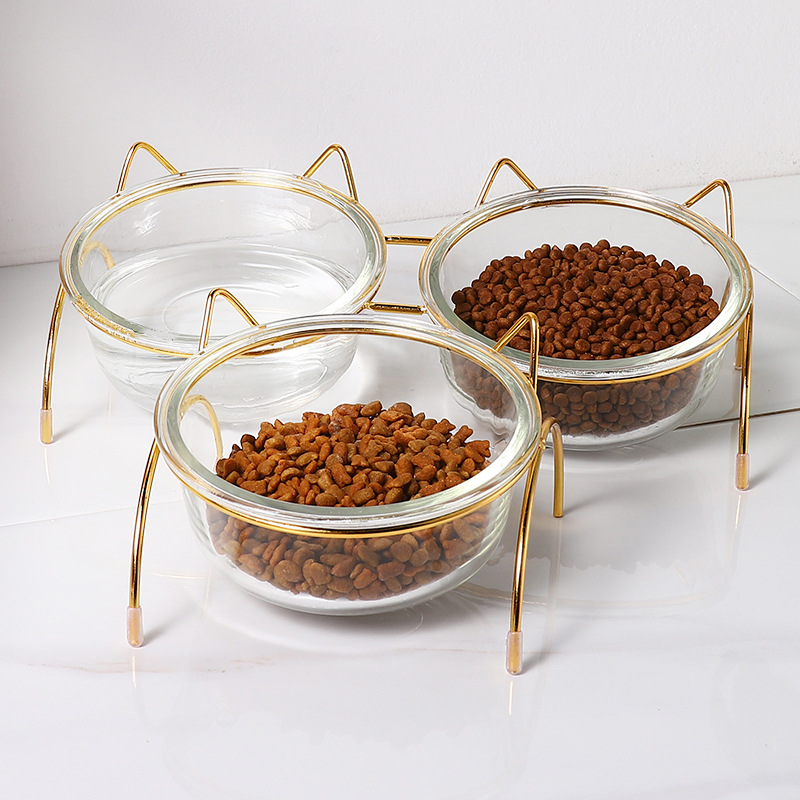 猫碗玻璃高脚猫咪碗斜口护颈椎喝水猫粮食盆透明狗宠物易清洗双碗