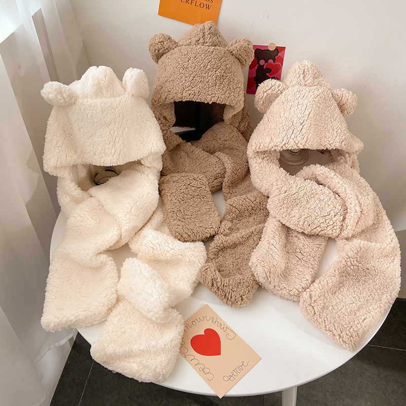 Peluche oso orejas sombrero bufanda una mujer otoño invierno versión coreana versátil sistema de día dulce lindo invierno mantener caliente Application Scenario