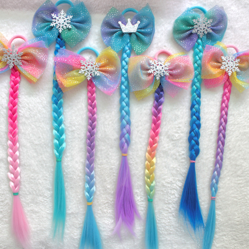 European and American lace fake hairpin rainbow wig four gradient braid hair rope hair hoop children's wig colorful bow tie hair hoop full figure
