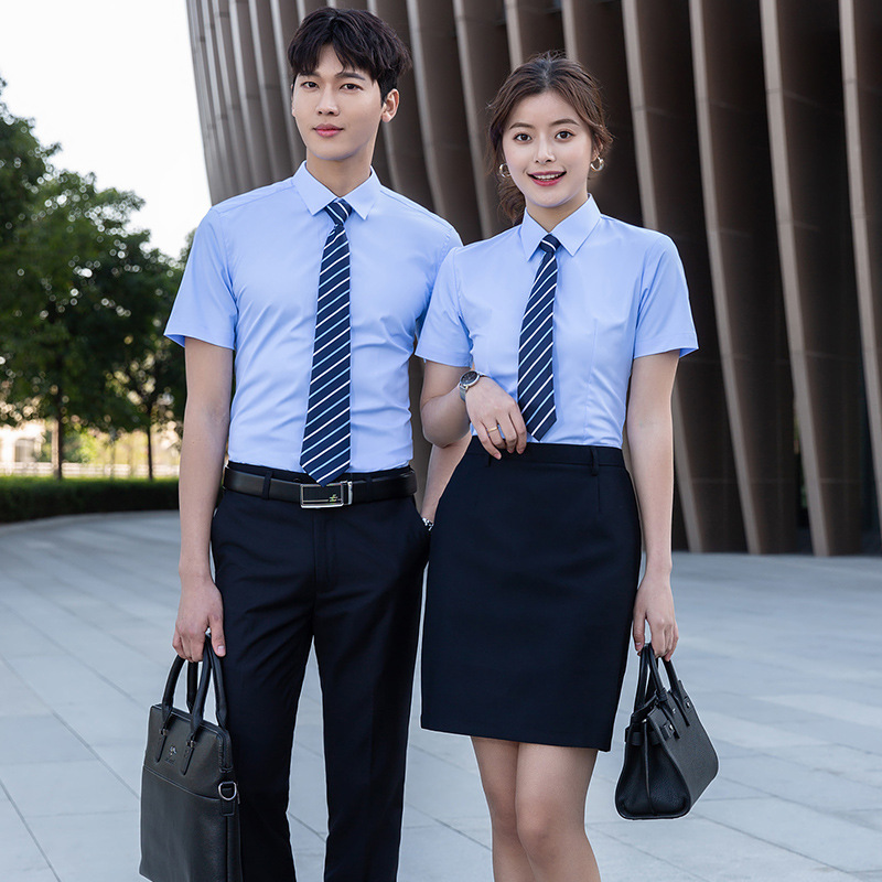 新款夏季商务女式衬衫男女同款高档职业装女套装定制蓝衬衣工作服图