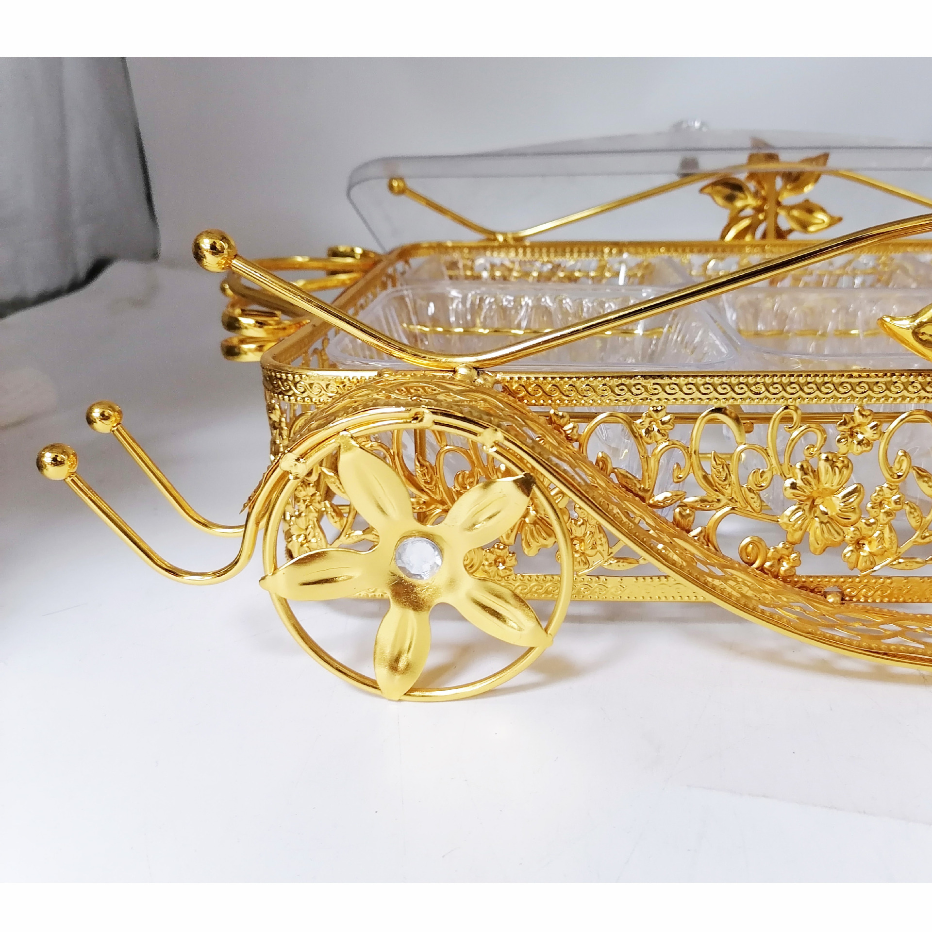 Arabic Style 6-Division Dry Fruit Tray With Lid Luxury Plated Gold Wedding Candy Box Snack Box Fruit Tray Specification drawing