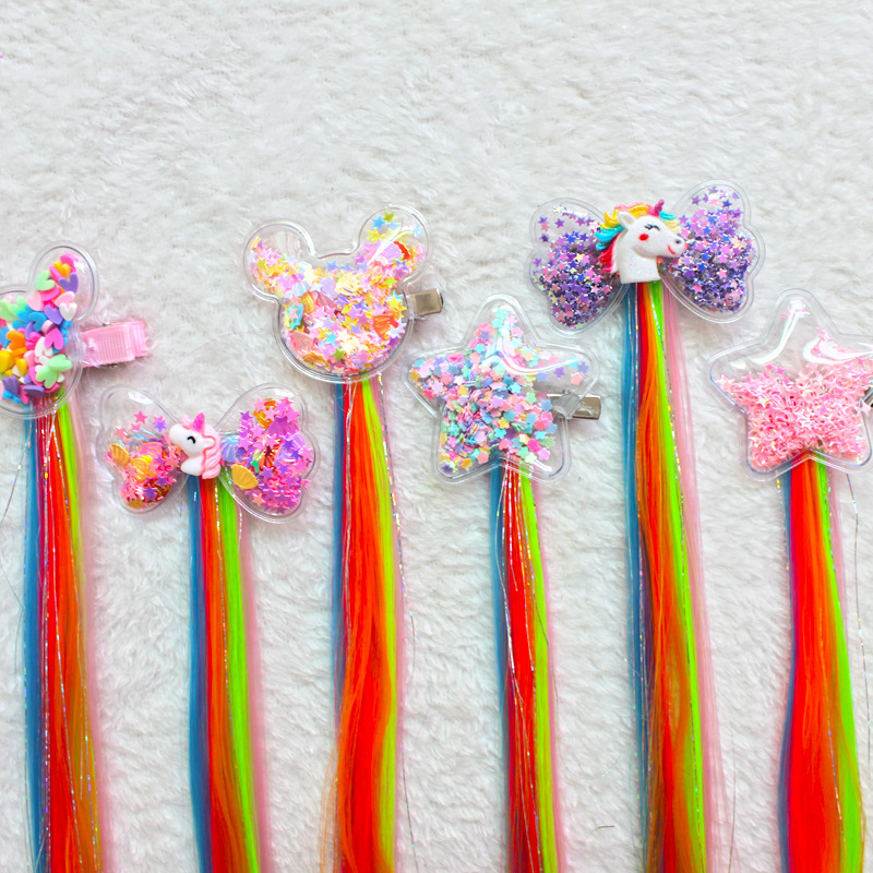 Children's wig with color gradient duck beak hairpin girl baby cute unicorn sequin bow wavy hair wig Specification drawing