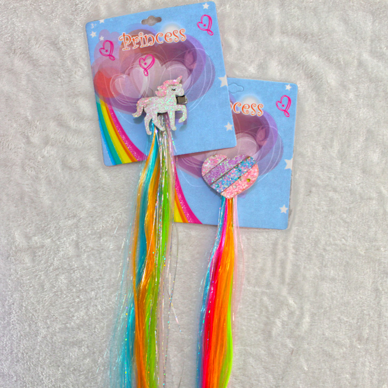 Children's wig with color gradient duck beak hairpin girl baby cute unicorn sequin bow wavy hair wig details Picture