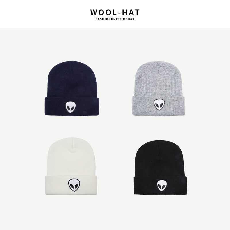 European and American style alien embroidery street skull knitted hat, autumn and winter outdoor ghost head warm woolen hat