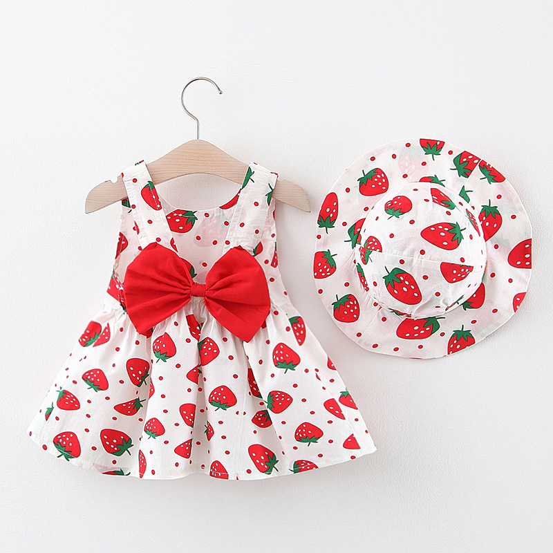 Summer light and cool girl dress with a cloth hat 2022 new style strawberry bow princess dress B3E250 details Picture