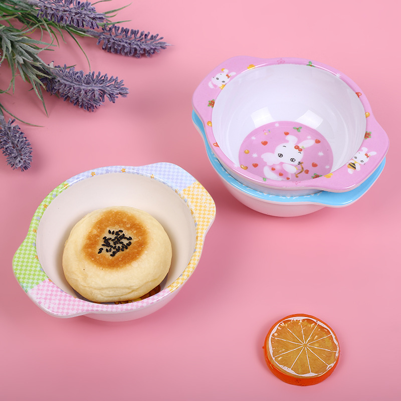 Melamine Tableware Double Handle Small Animal Pattern Round Bowl Tableware Children Baby Learn To Eat Rice Bowl Can Be Customized Pattern Specification drawing
