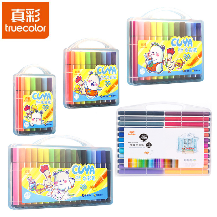 True Color 2116 Cool Washable Watercolor Pen 12/24/36/48 Color Children's Triangle Rod Large Capacity Color Brush