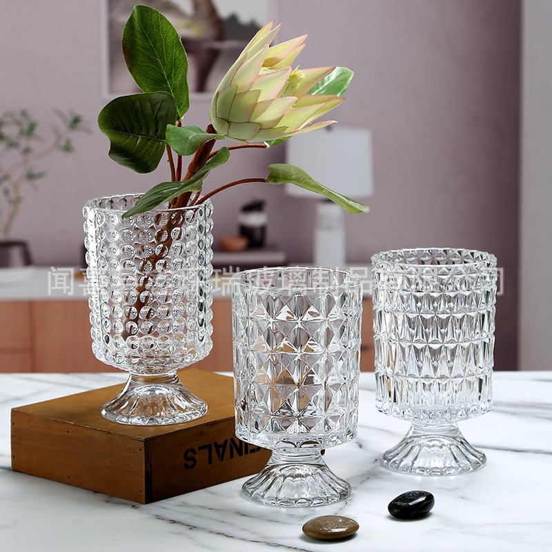Nordic Simple Relief Tall Glass Vase Transparent Living Room Flower Arrangement Hotel Wedding Candlestick Wind Lamp Ins Decoration