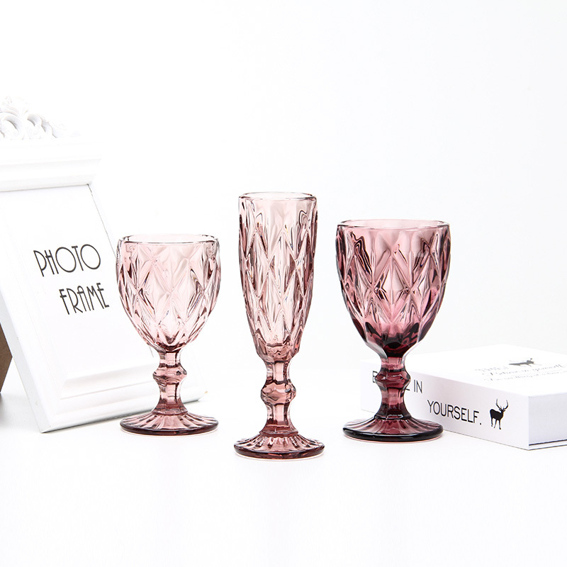 厂家欧式复古菱形浮雕玻璃杯红酒杯口杯彩色高脚杯壶7件套装详情图3