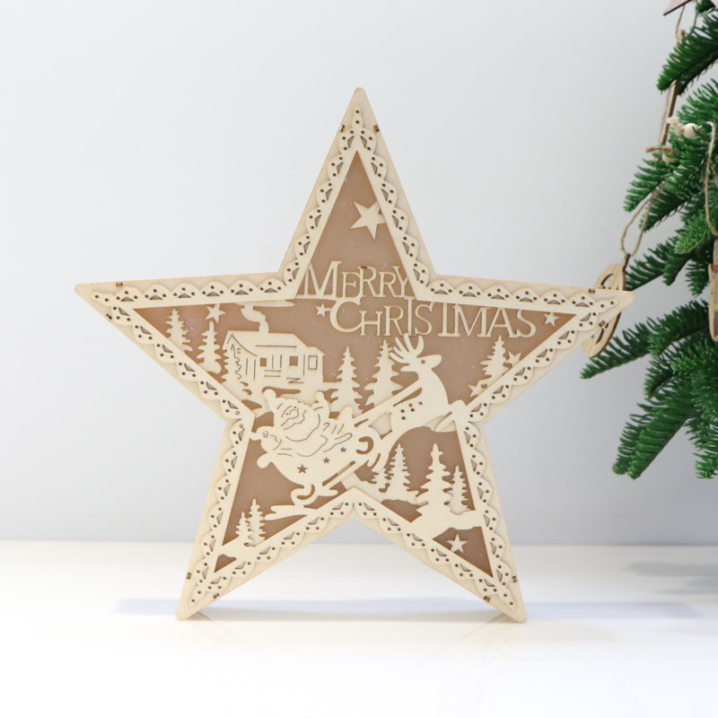 简约圣诞节装饰镂空五角星木质工艺品环境氛围装饰灯跨境手工摆件