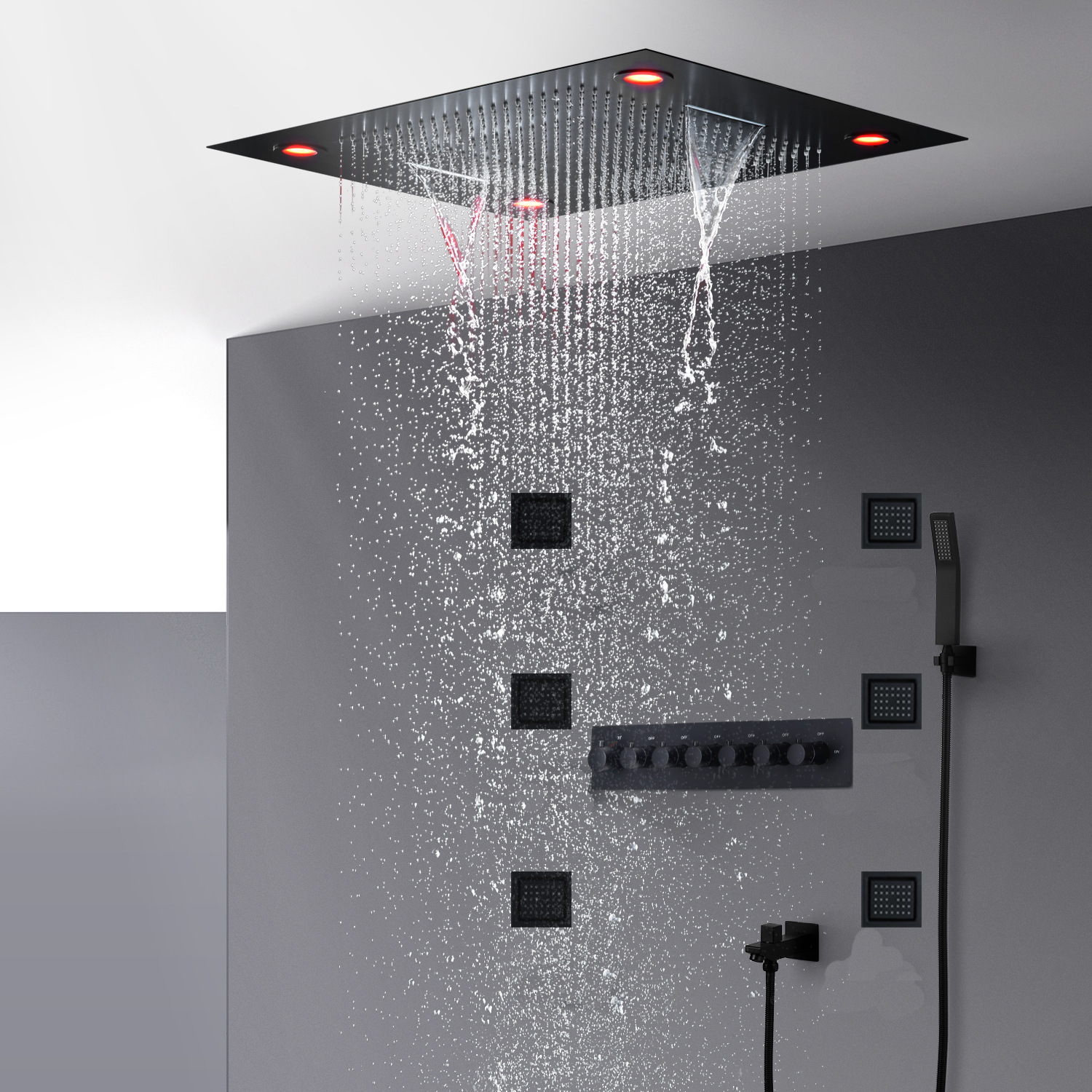 Matte Black Sky Curtain Shower Big Top Spray Black Constant Temperature Multi-Functional Spray Waterfall Rain Curtain Massage Shower Set Specification drawing