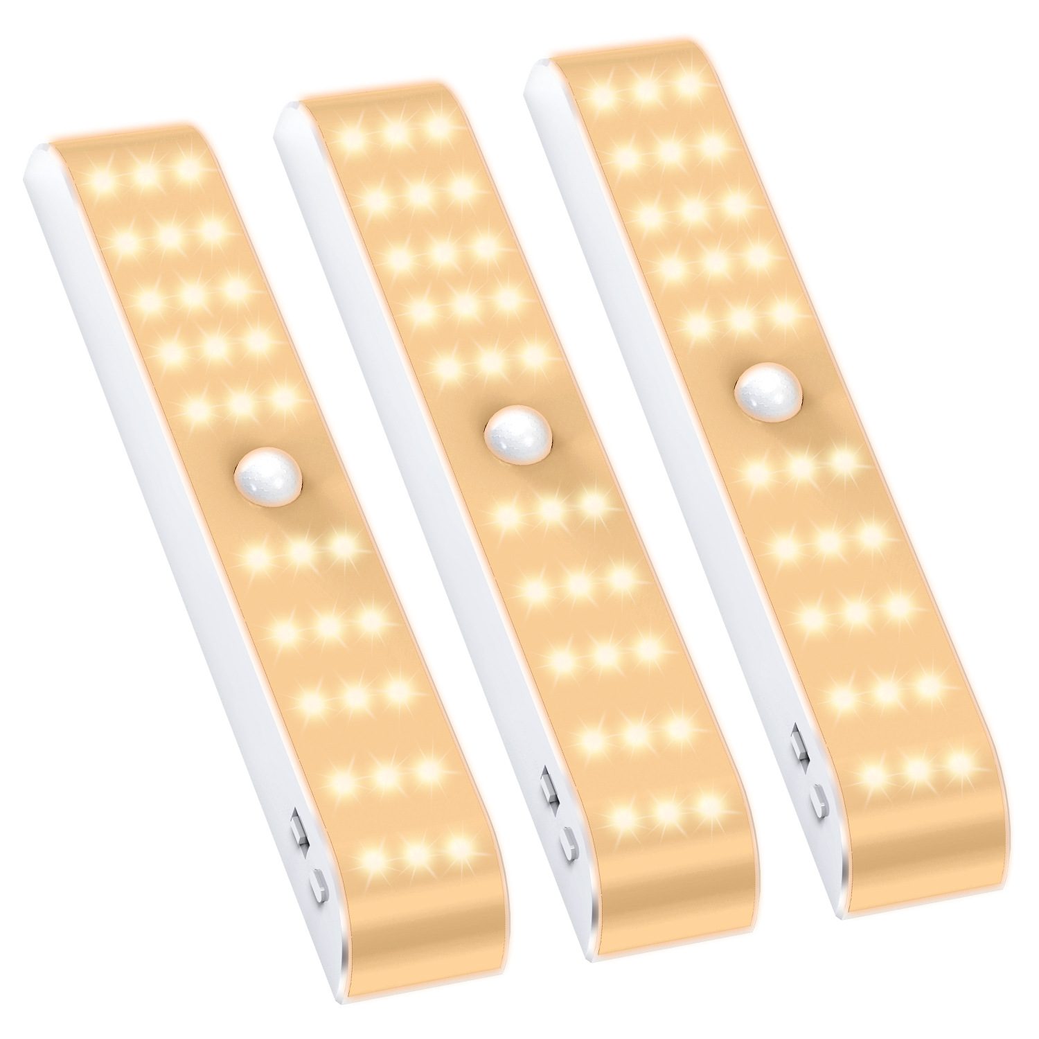 Three-row warm light wardrobe lamp, 30-LED cabinet lamp, human infrared sensor lamp, USB lithium battery rechargeable night light Item Picture