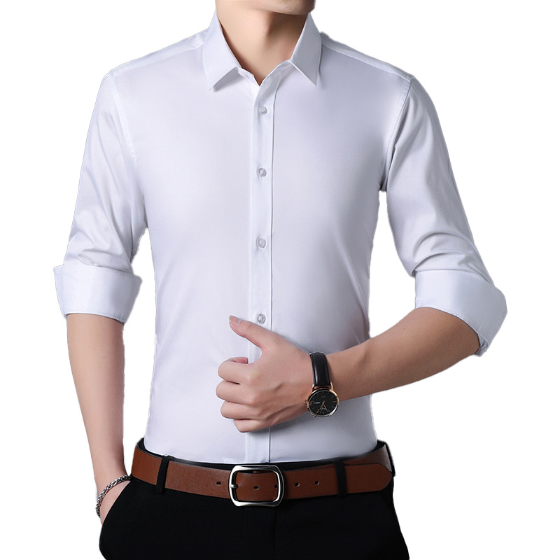 Customized LOGO bamboo fiber elastic non-ironing men's long-sleeved shirt, men's professional wear, business casual formal wear, white shirt Item Picture