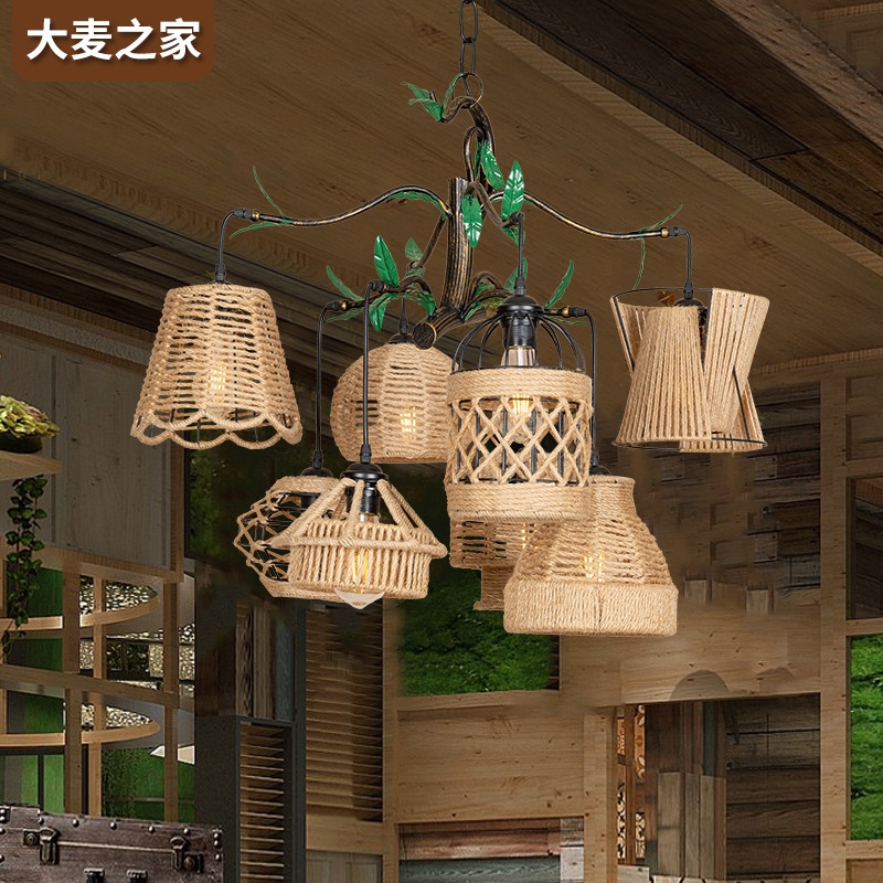 Tree-branch-shaped retro hemp rope plant chandelier, creative and personalized, industrial style hemp rope chandelier for coffee shops and bars