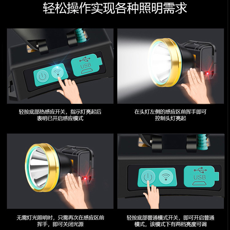 厂家直销 LED强光头灯防水头戴式夜钓钓鱼灯可充电户外 感应头灯 details Picture