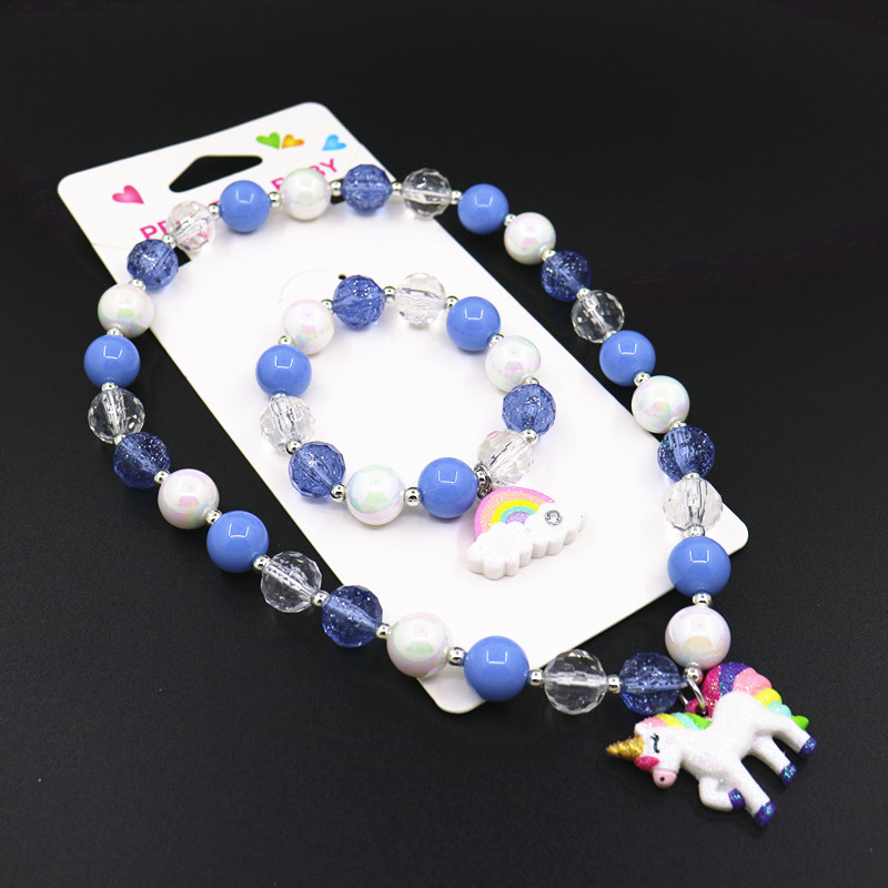 Children and girls Pearl unicorn Rainbow necklace bracelet sweater chain set Holiday birthday New Year gift set Specification drawing