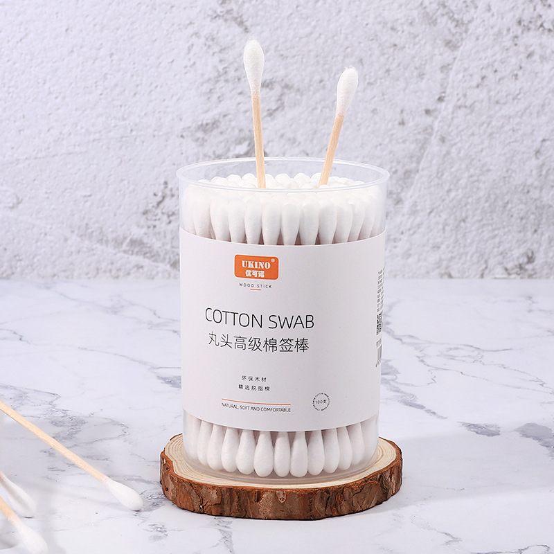 Kangmin 100 Double Head Wood Stick Cotton Canisters Wholesale Cleaning Care Cotton Swabs Disposable Ear Cotton Swabs details Picture