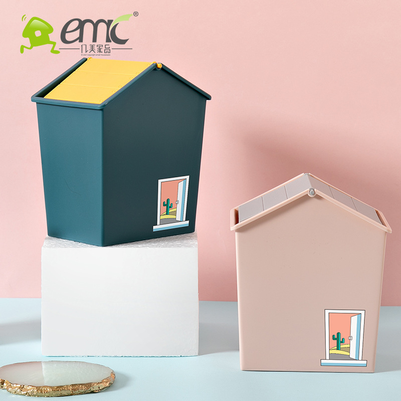 Cute small desktop trash can with lid, Nordic mini office, Instagram bedroom, creative girl trash can storage details Picture