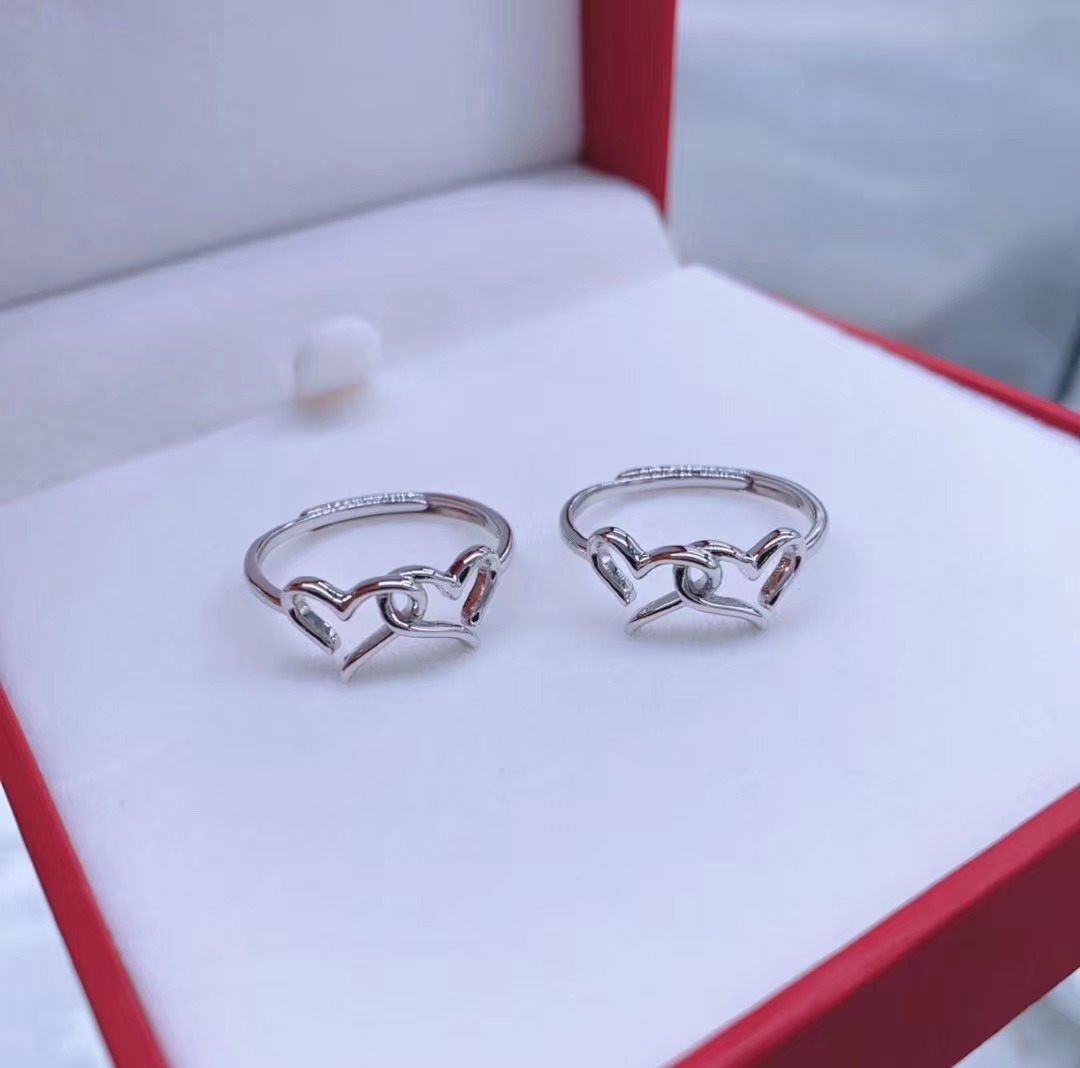 S925 Silver pop simple small fresh adjustment ring new beautiful double love ring