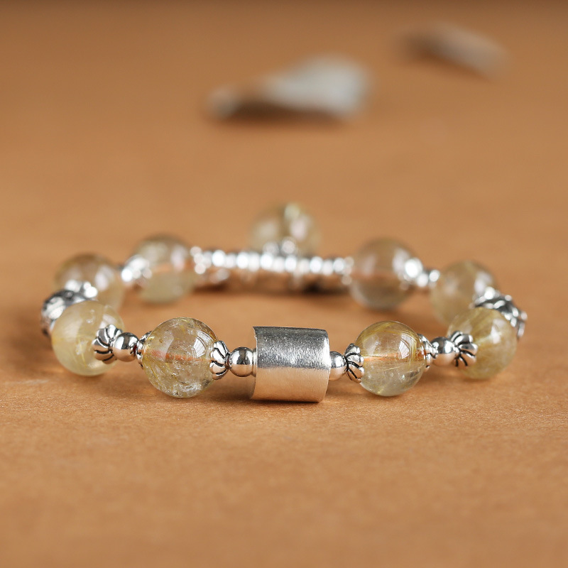 Powerful wealth, prosperous career, original natural gold hairstone, retro pure silver bracelet, lotus leaf crystal bracelet, high-end women's style Specification image