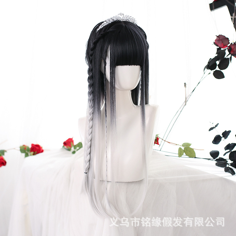 lolita wig for women, European and American black and white gradient full head set, entire high-temperature silk chemical fiber cos anime wig head set details Picture